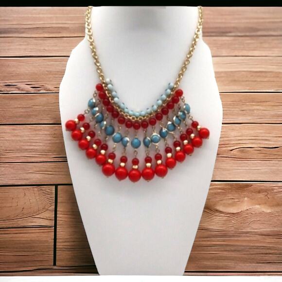 Vintage Jewelry Cascading Beaded Bib Gold Tone Red Blue Fringed Costume Necklace - Picture 9 of 9